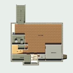Top-down architectural rendering of the Graeff Residence basement remodel showing layout and spatial organization